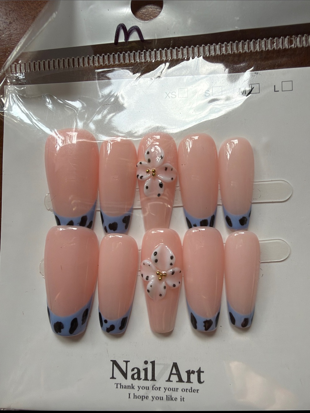 Nude Pink Floral French Tip Press-On Nails with Blue Accents